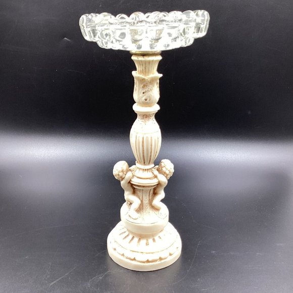 Vtg Mid Century Hollywood Regency Novelty Resin Cherub 10" Glass Ashtray Stand - Picture 2 of 16